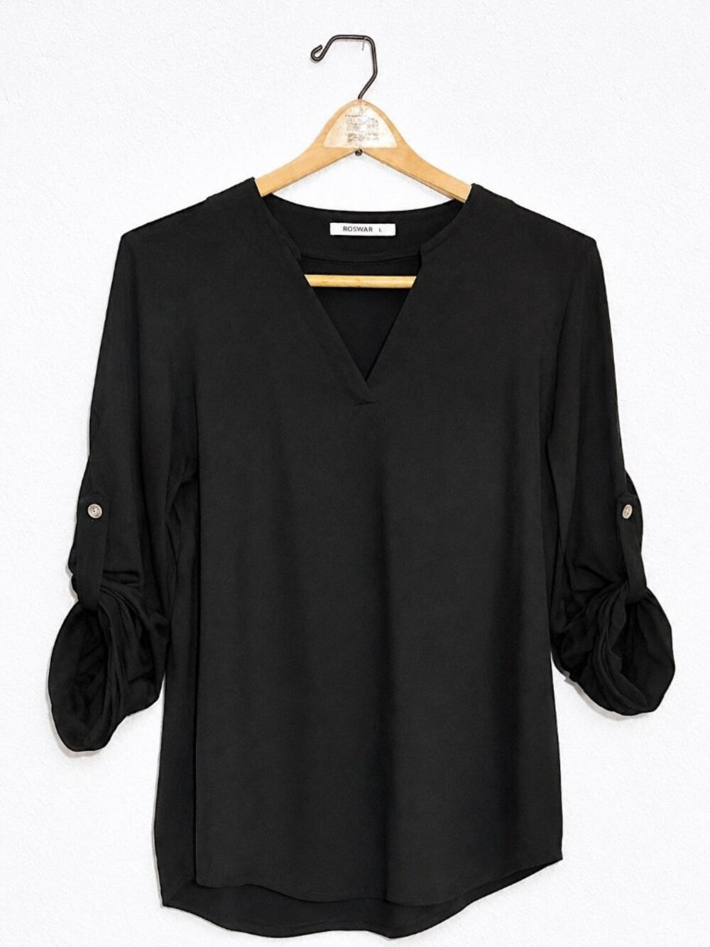 ROSWEAR Women's Black V Neck Blouse L Roll Tab Sleeve Career Work Top Stretch